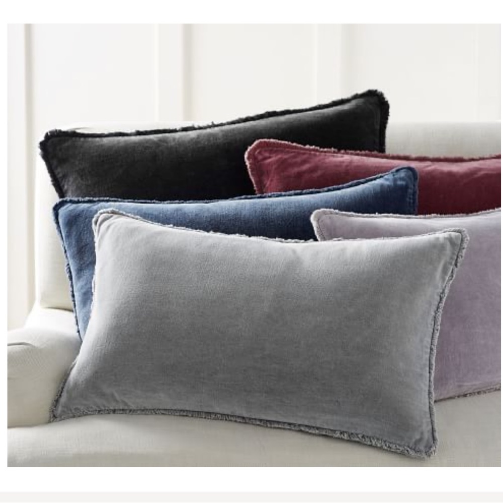 Pottery Barn Velvet Fringe Lumbar Pillow Cover in Stonewashed Gray